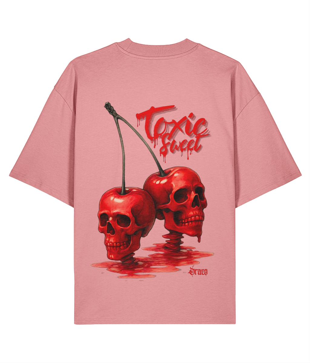 Oversized Streetwear Tee, Grey Graphic T-Shirt, Skull Graphic Shirt, Cherry Skull T-Shirt, Surreal Streetwear Fashion, Tattoo Inspired T-Shirt, Organic Cotton Streetwear, Unisex Oversized Tee, Statement Back Print Shirt, Alternative Fashion Tee, Draco Club Apparel, Gothic Streetwear Fashion, Eco-Friendly Streetwear-pink