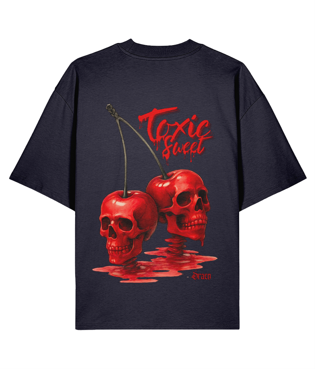 Oversized Streetwear Tee, Grey Graphic T-Shirt, Skull Graphic Shirt, Cherry Skull T-Shirt, Surreal Streetwear Fashion, Tattoo Inspired T-Shirt, Organic Cotton Streetwear, Unisex Oversized Tee, Statement Back Print Shirt, Alternative Fashion Tee, Draco Club Apparel, Gothic Streetwear Fashion, Eco-Friendly Streetwear-navy