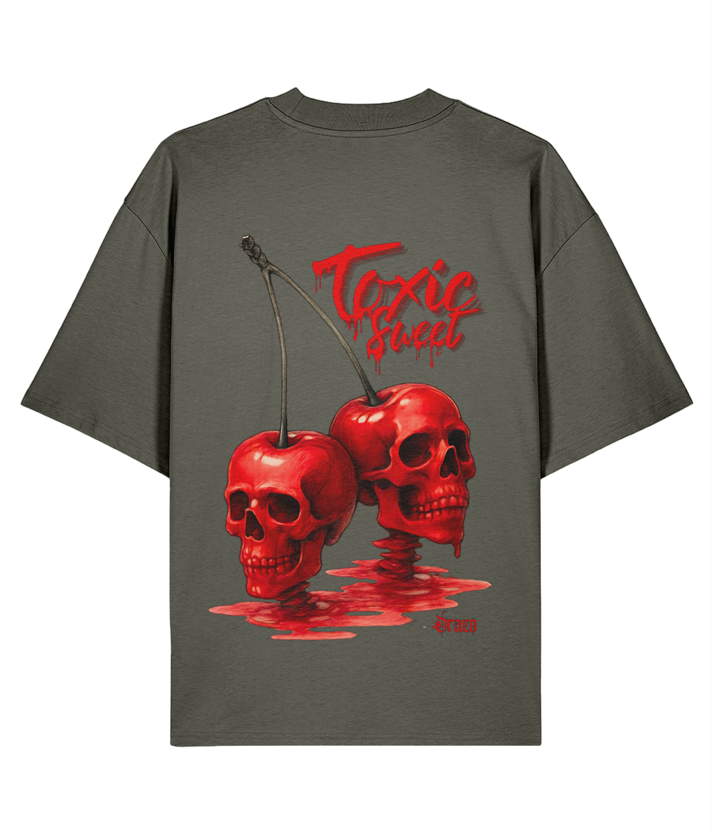 Oversized Streetwear Tee, Grey Graphic T-Shirt, Skull Graphic Shirt, Cherry Skull T-Shirt, Surreal Streetwear Fashion, Tattoo Inspired T-Shirt, Organic Cotton Streetwear, Unisex Oversized Tee, Statement Back Print Shirt, Alternative Fashion Tee, Draco Club Apparel, Gothic Streetwear Fashion, Eco-Friendly Streetwear-khaki