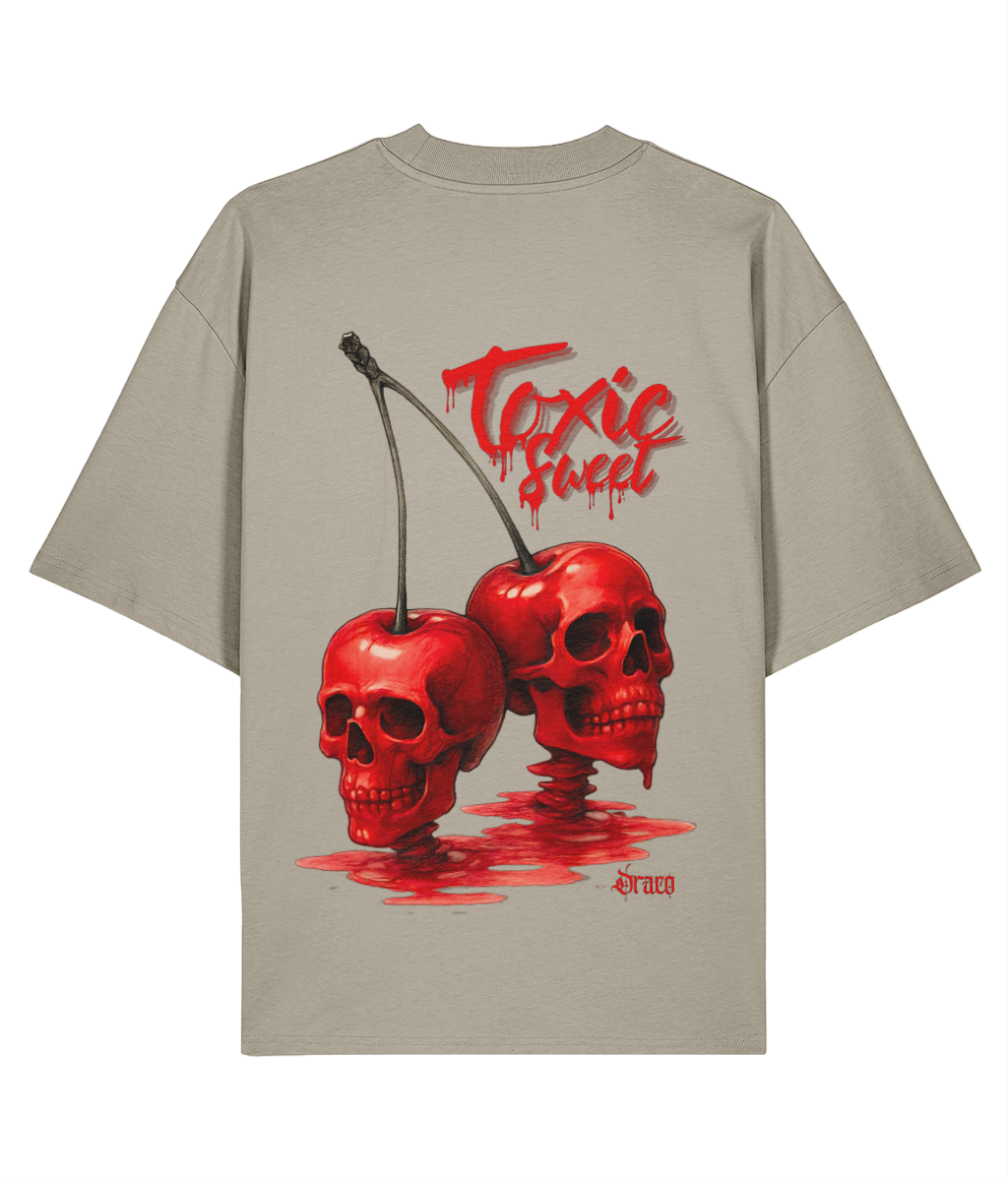 Oversized Streetwear Tee, Grey Graphic T-Shirt, Skull Graphic Shirt, Cherry Skull T-Shirt, Surreal Streetwear Fashion, Tattoo Inspired T-Shirt, Organic Cotton Streetwear, Unisex Oversized Tee, Statement Back Print Shirt, Alternative Fashion Tee, Draco Club Apparel, Gothic Streetwear Fashion, Eco-Friendly Streetwear-stone