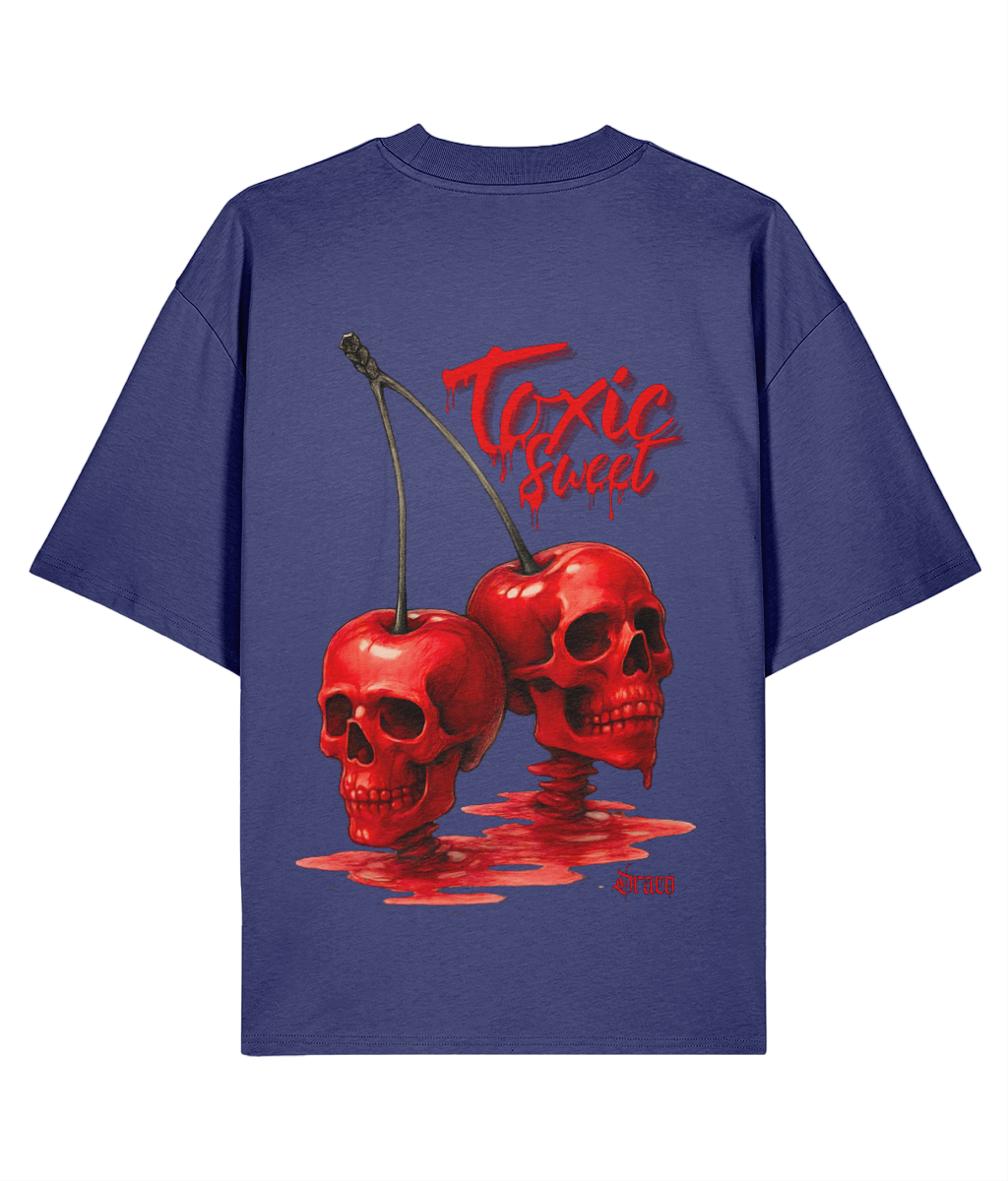 Oversized Streetwear Tee, Grey Graphic T-Shirt, Skull Graphic Shirt, Cherry Skull T-Shirt, Surreal Streetwear Fashion, Tattoo Inspired T-Shirt, Organic Cotton Streetwear, Unisex Oversized Tee, Statement Back Print Shirt, Alternative Fashion Tee, Draco Club Apparel, Gothic Streetwear Fashion, Eco-Friendly Streetwear-dusk