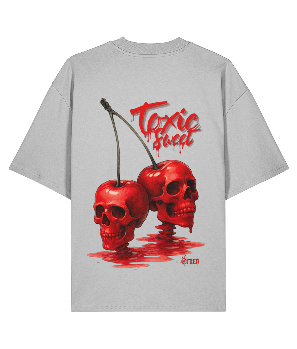Oversized Streetwear Tee, Grey Graphic T-Shirt, Skull Graphic Shirt, Cherry Skull T-Shirt, Surreal Streetwear Fashion, Tattoo Inspired T-Shirt, Organic Cotton Streetwear, Unisex Oversized Tee, Statement Back Print Shirt, Alternative Fashion Tee, Draco Club Apparel, Gothic Streetwear Fashion, Eco-Friendly Streetwear-grey